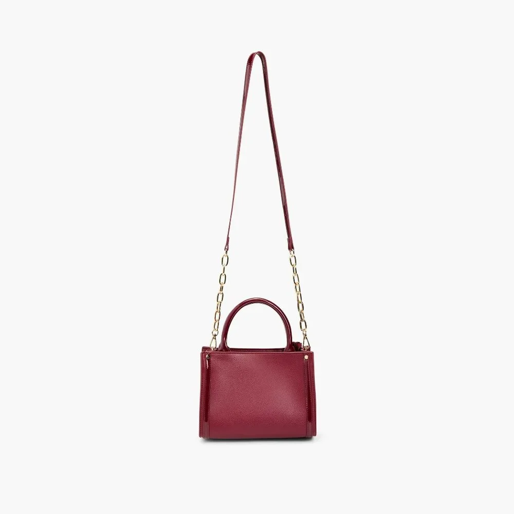 Burgundy Vegan Leather Chain Handle Satchel – Chic Structured Crossbody Purse